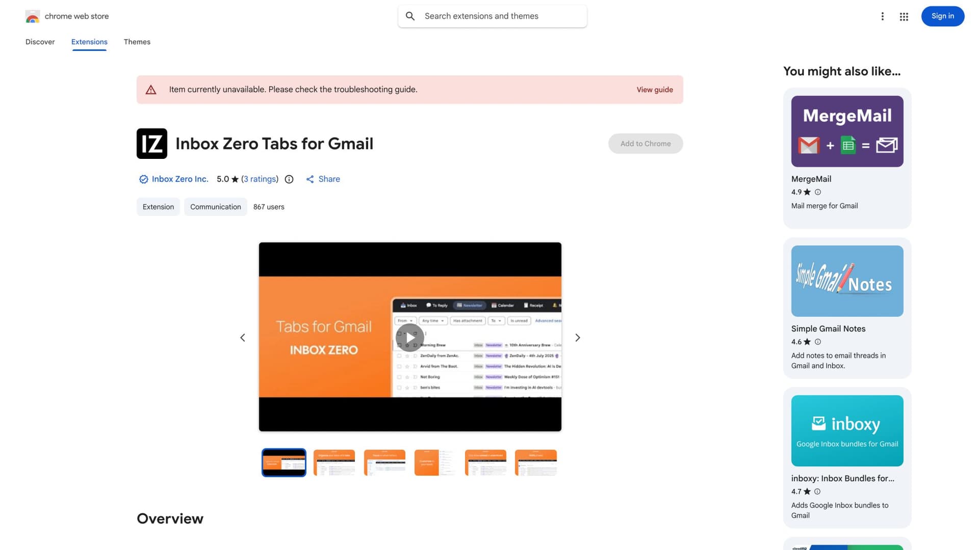 Chrome Web Store listing for Inbox Zero Tabs extension showing 100 percent client-side privacy with no data collection or server calls