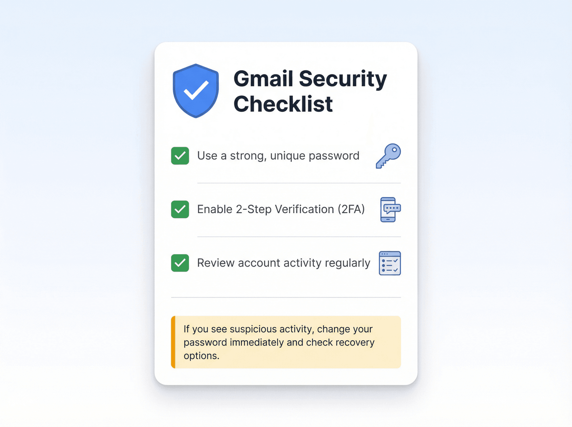 Gmail security checklist showing password strength, 2FA setup, and account activity monitoring best practices